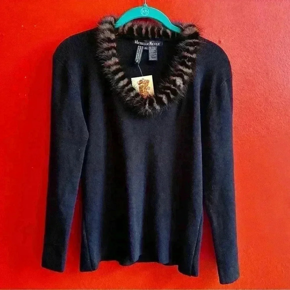 Y2K faux fur trim black fitted sweater top size XL - Picture 1 of 6